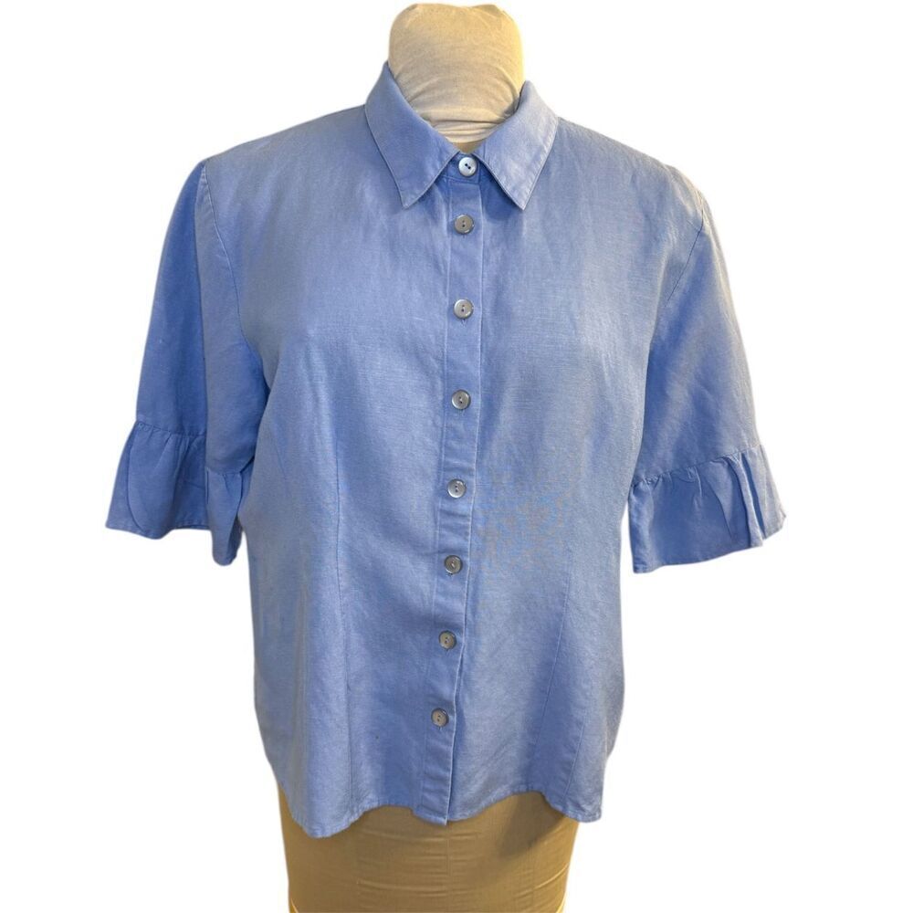 Elementz Linen Blend Ruffle Sleeve Button Front Blouse Light Blue Sz. XL